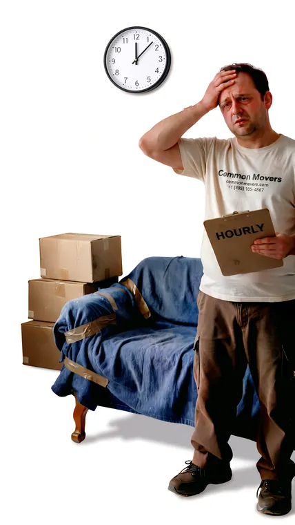 A stressed hourly mover holding an hourly invoice under a wall clock