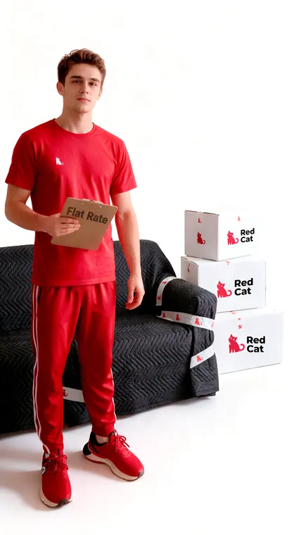 A calm Red Cat mover holding a flat-rate quote