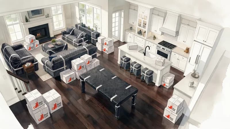 Furniture wrapped in moving blankets and Red Cat boxes stacked in a living room