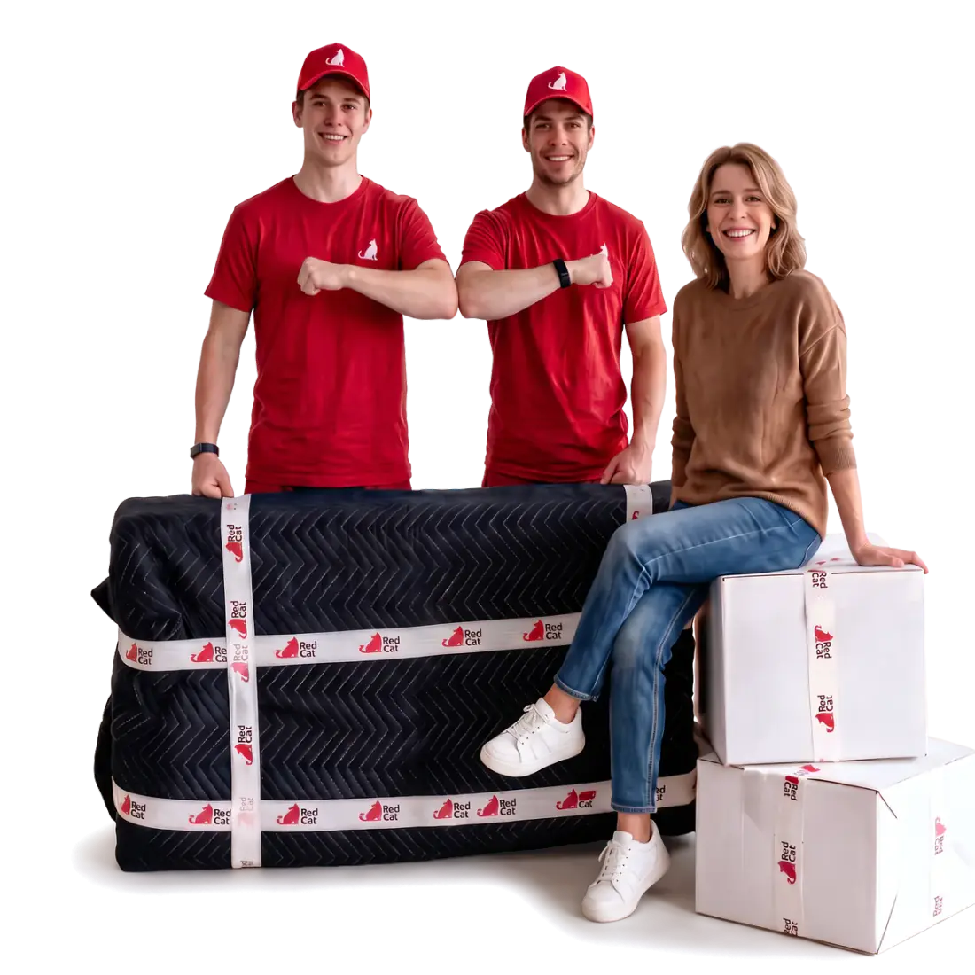 Two Red Cat movers and a customer with a wrapped sofa and Red Cat boxes